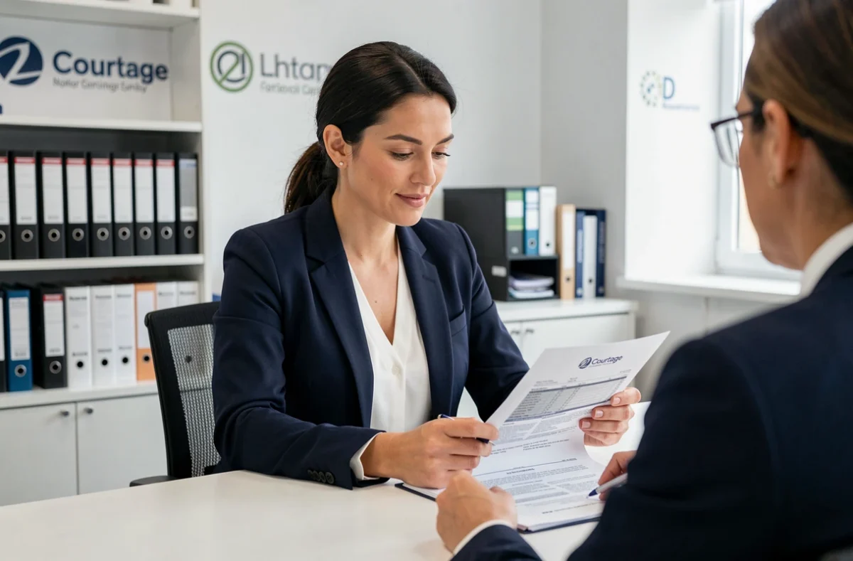 Une conseillère du cabinet 2L Courtage examine un dossier de prêt immobilier avec un client dans un bureau professionnel