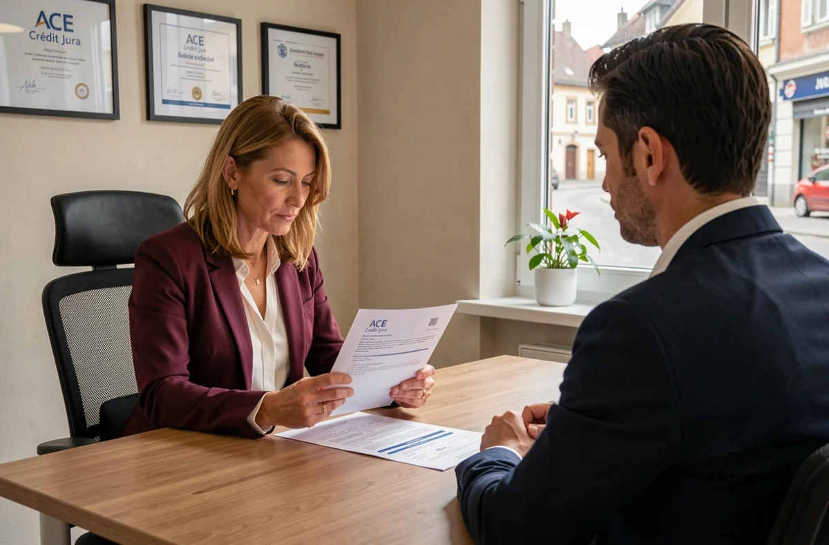 La courtière de l'agence ACE Crédit dans le Jura étudie un projet de financement immobilier avec un client