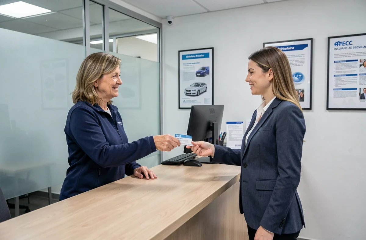 Femme remettant sa carte adhérente FFCC à une conseillère dans une agence d'assurance camping-car