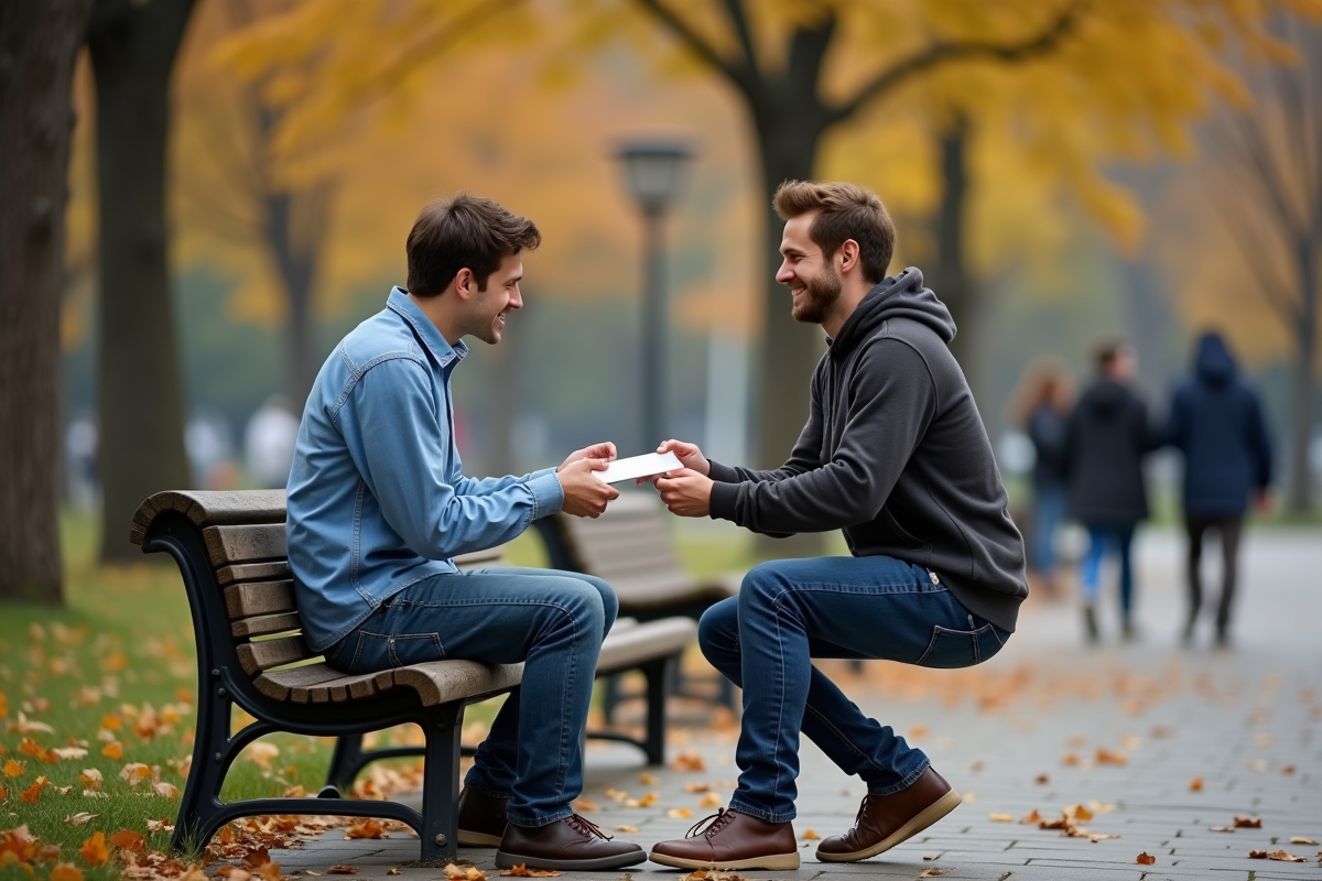 Deux hommes échangent une enveloppe sur un banc de parc en automne