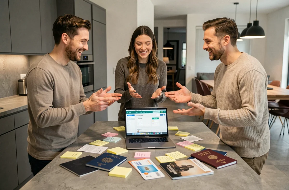Trois amis organisant une cagnotte commune pour un voyage autour d'un plan financier sur ordinateur portable