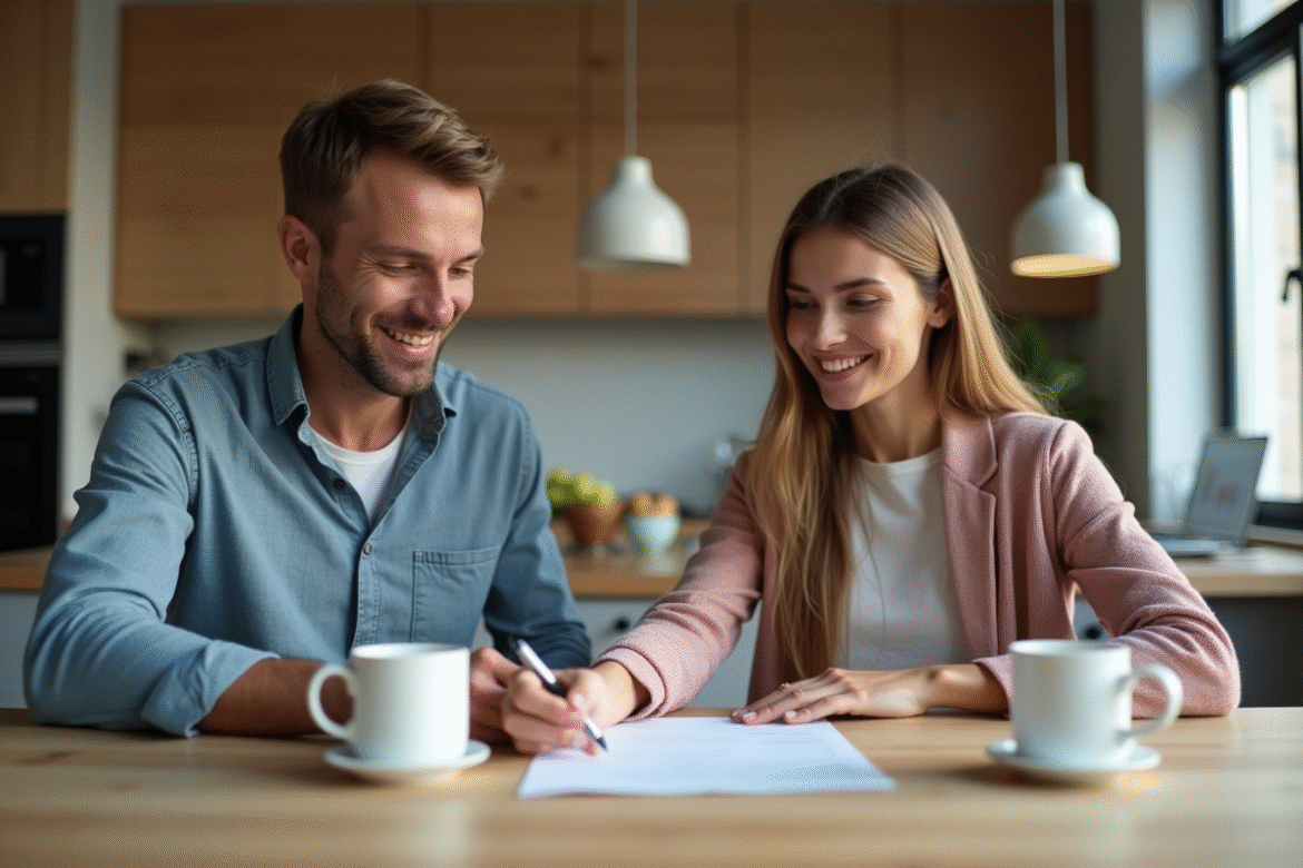 Deux amis signent un contrat dans une cuisine moderne