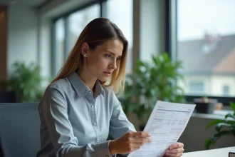 Femme suisse en tenue professionnelle analysant sa fiche de salaire dans un bureau moderne à Zurich