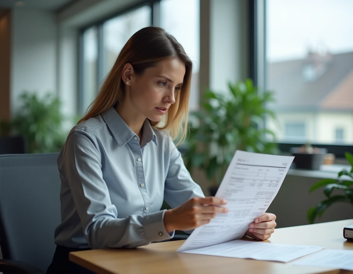 Femme suisse en tenue professionnelle analysant sa fiche de salaire dans un bureau moderne à Zurich