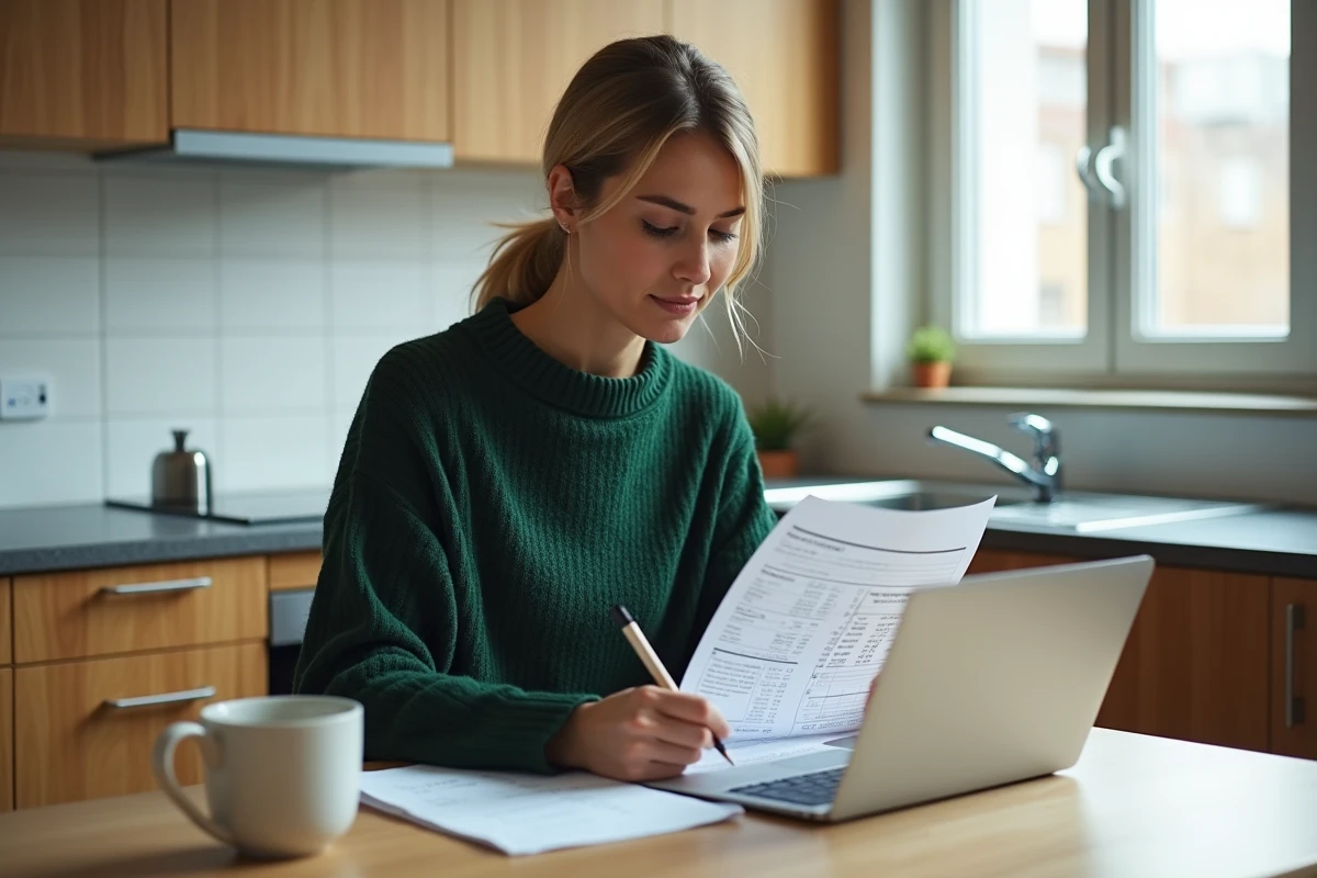 Femme analysant seule les taux et conditions d'un compte à terme Crédit Agricole à son domicile