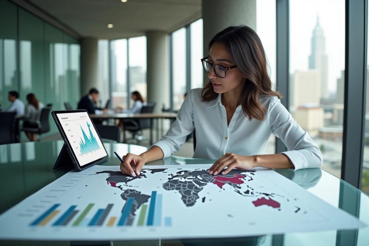 Analyste financière consultant un classement mondial du PIB dans un bureau moderne avec vue sur la ville