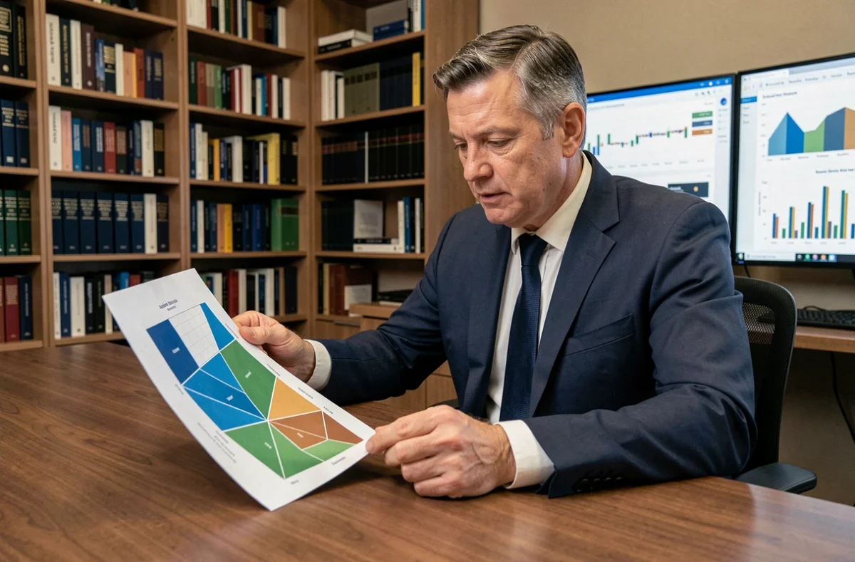 Analyste financier examinant un graphique de quadrant d'allocation d'actifs sur son bureau dans un bureau professionnel