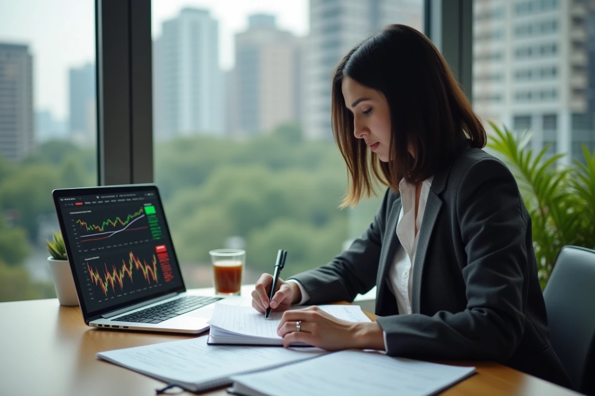 Analyste financière étudiant les plages horaires et la volatilité de la bourse de New York depuis son bureau à domicile