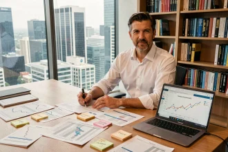 Analyste financier étudiant des rapports factoriels Fama-French sur un bureau en bois dans un bureau moderne avec vue sur la ville