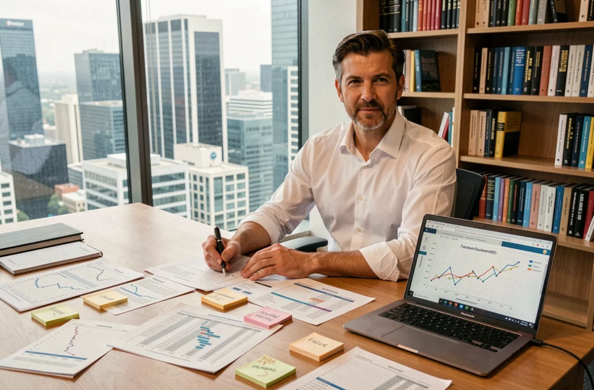 Analyste financier étudiant des rapports factoriels Fama-French sur un bureau en bois dans un bureau moderne avec vue sur la ville