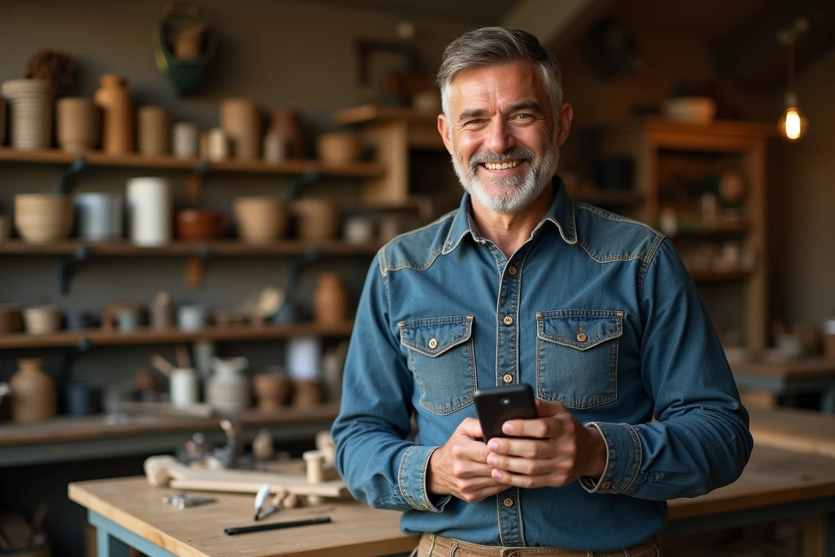 Artisan auto-entrepreneur souriant après l'approbation de son crédit sur une application mobile