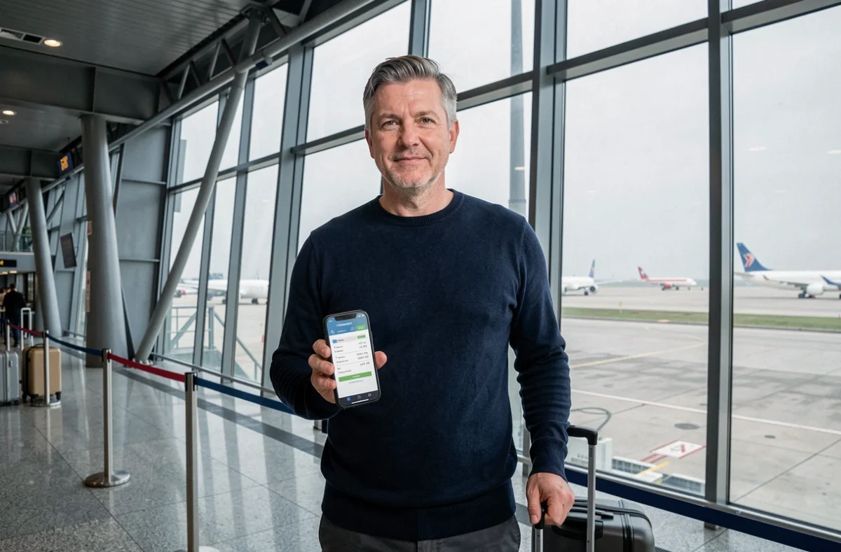 Homme à l'aéroport consultant une assurance voyage sur son smartphone avant l'embarquement