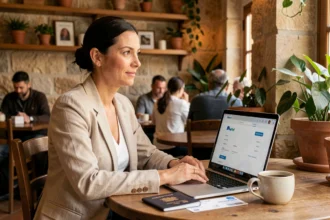 Femme consultant PayPal sur son ordinateur portable dans un café à l'étranger avec passeport et carte d'embarquement sur la table