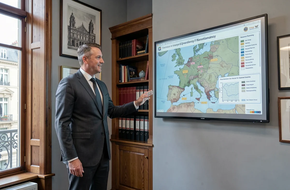 Conseiller patrimonial Ateis Patrimoine devant une carte de la région Nord avec des projections d'investissement immobilier