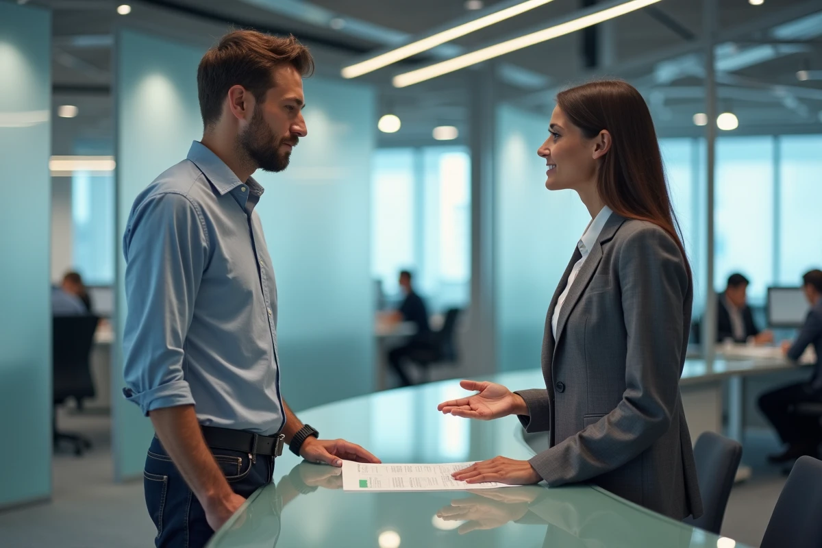 Auto-entrepreneur en réunion avec un conseiller bancaire pour obtenir un prêt professionnel