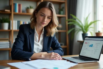 Auto-entrepreneuse en blazer marine étudiant un dossier de crédit sur son bureau à domicile
