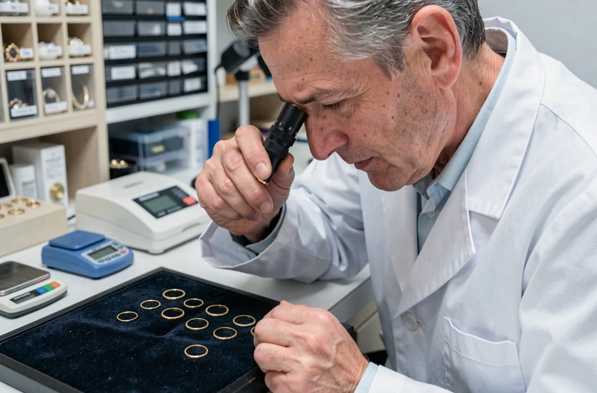 Bijoutier expert inspectant des bagues en or 9 carats avec une loupe de précision sur un plateau de velours