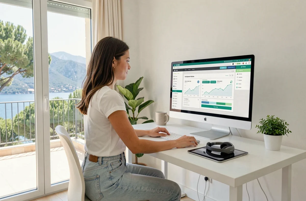 Courtière digitale Booti.fr travaillant depuis un bureau à domicile dans les Alpes-Maritimes avec vue sur la nature
