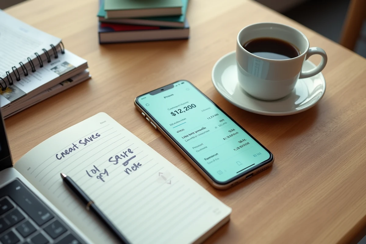 Vue aérienne d'un bureau avec smartphone affichant une application bancaire et calculs d'épargne pour un livret A