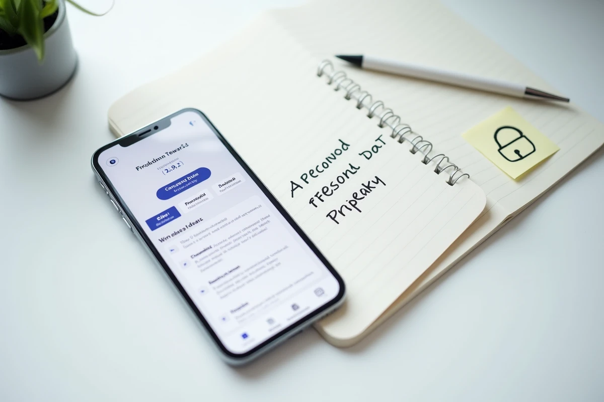 Vue de dessus d'un bureau avec smartphone affichant une application de gains et notes sur la protection des données personnelles