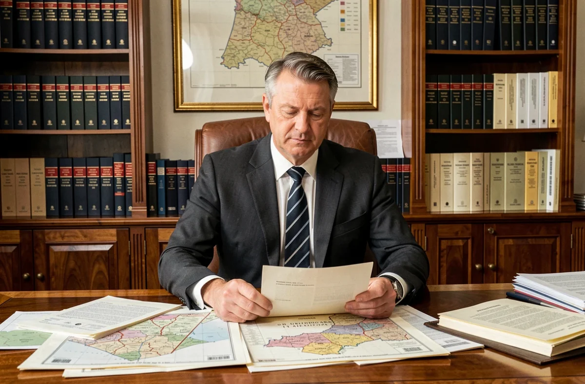 Christophe Thiebot, expert immobilier, assis à son bureau avec des documents cadastraux et des cartes foncières dans son cabinet d'expertise en Normandie