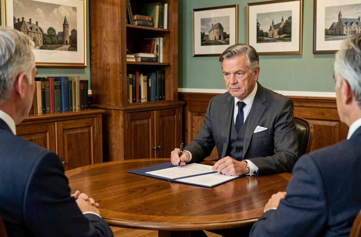 Joël Pizy du cabinet Joël Pizy présentant un rapport d'expertise immobilière à des clients autour d'une table de réunion dans un bureau élégant en Normandie