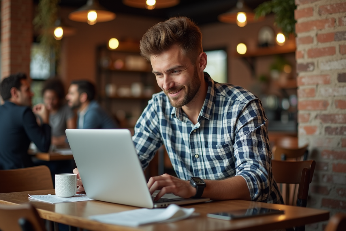 Entrepreneur au café travaillant sur son ordinateur portable