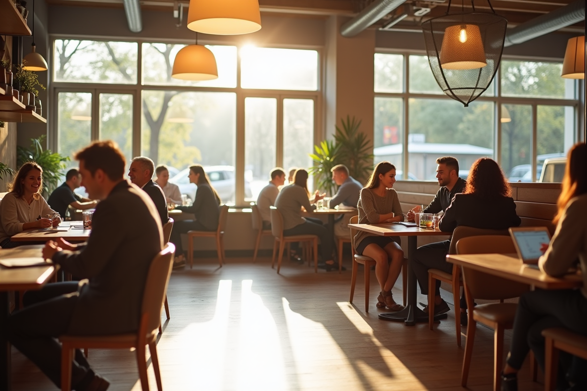 Groupe de personnes dans un café lumineux en travail collaboratif