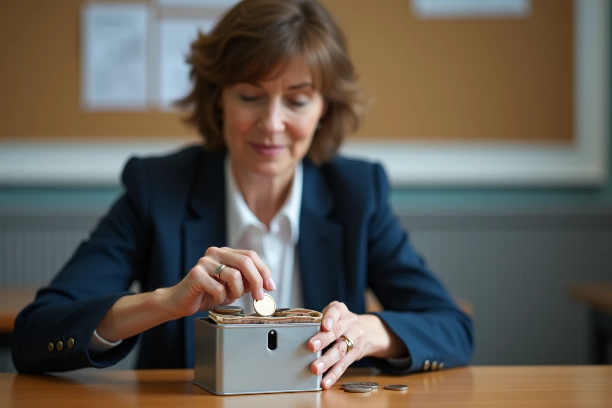 Femme tenant une caisse à monnaie métallique lors d'une réunion d'association