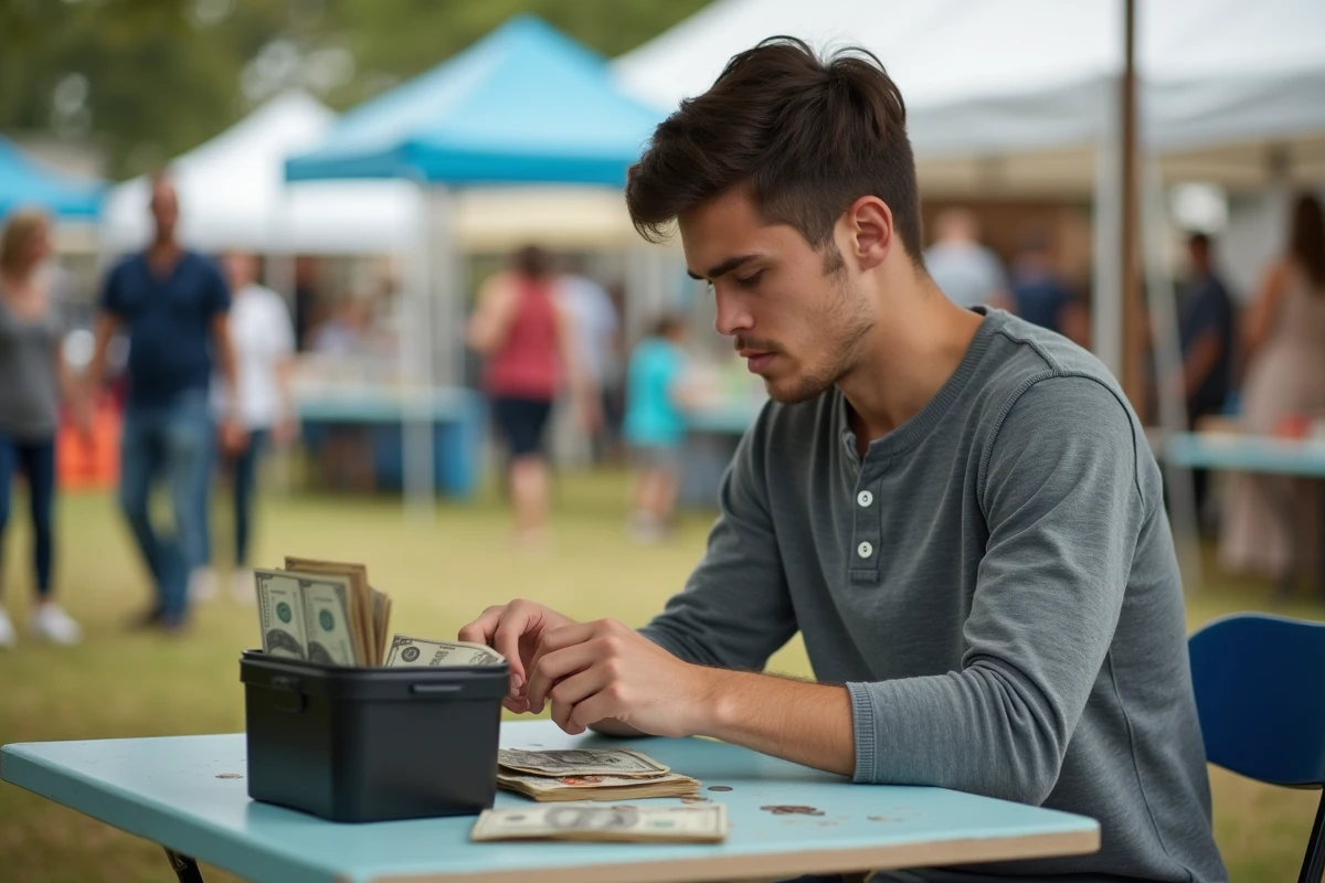 Bénévole gérant une caisse pour encaissements lors d'un événement associatif en plein air