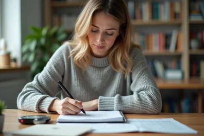 Femme calculant des heures en centièmes à partir de minutes sur un carnet avec montre chronomètre sur bureau en bois