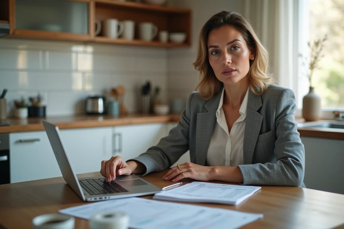 Employée de la fonction publique calculant l'impact des heures supplémentaires sur son salaire net depuis son domicile