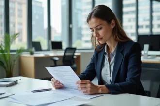 Femme professionnelle analysant des fiches de salaire luxembourgeoises dans un bureau moderne