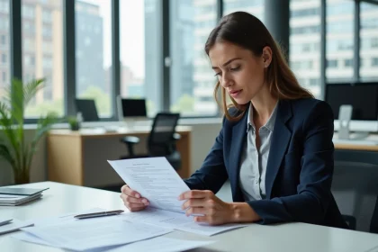 Femme professionnelle analysant des fiches de salaire luxembourgeoises dans un bureau moderne