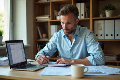 Un homme de 40 ans concentré sur le calcul de son taux d'imposition, entouré de documents fiscaux et d'un ordinateur portable dans un bureau à domicile