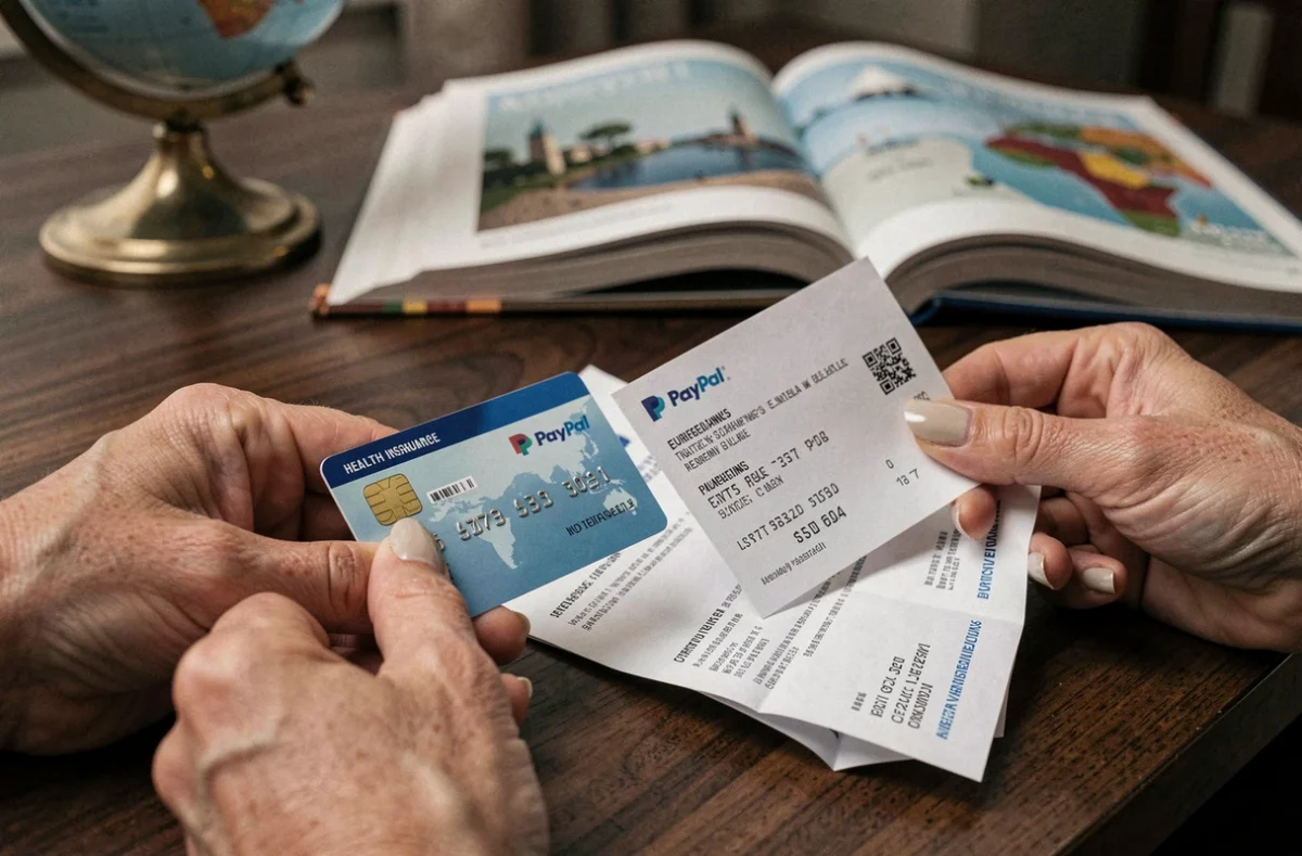 Mains tenant une carte d'assurance santé européenne et un reçu PayPal pour illustrer les limites de la couverture voyage