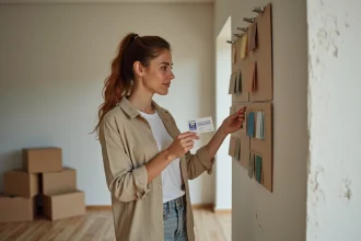 Jeune femme tenant une carte cadeau Leroy Merlin dans un appartement en cours d'aménagement avec des cartons et des échantillons de peinture au mur