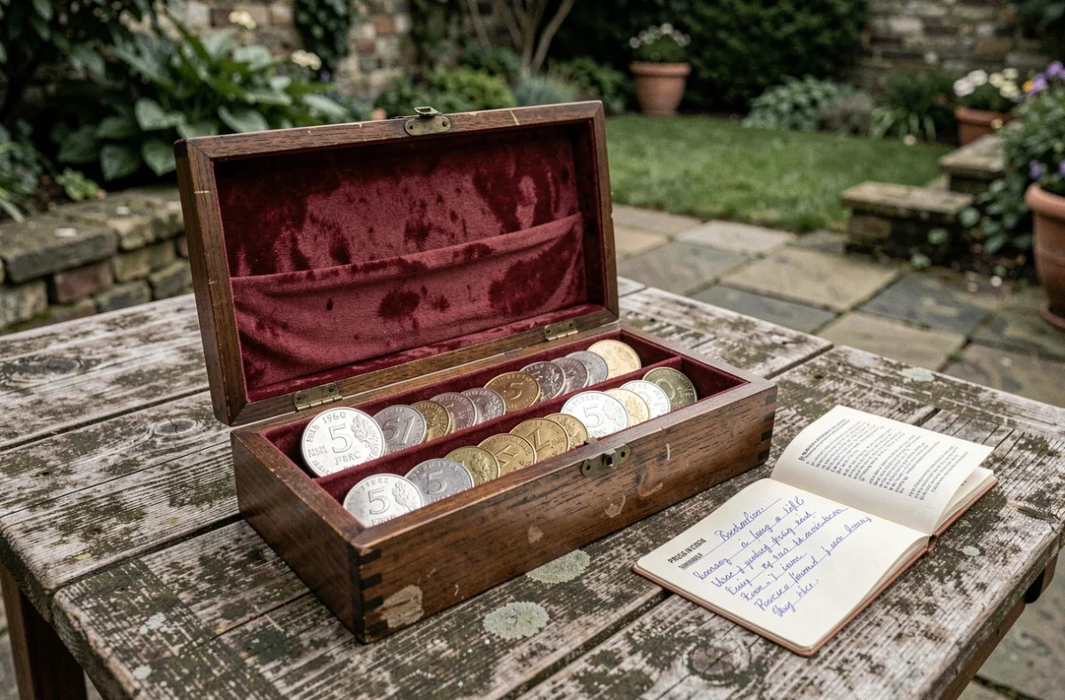 Casier à monnaie en bois vintage ouvert contenant des pièces de 5 francs triées dont une pièce de 1960, avec guide de valeur numismatique posé à côté sur une table en pierre