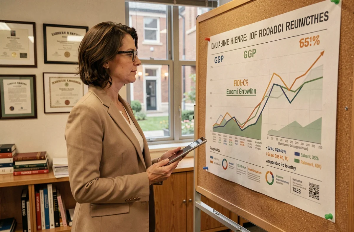 Chercheuse étudiant une infographie de classement du PIB par pays dans un bureau universitaire