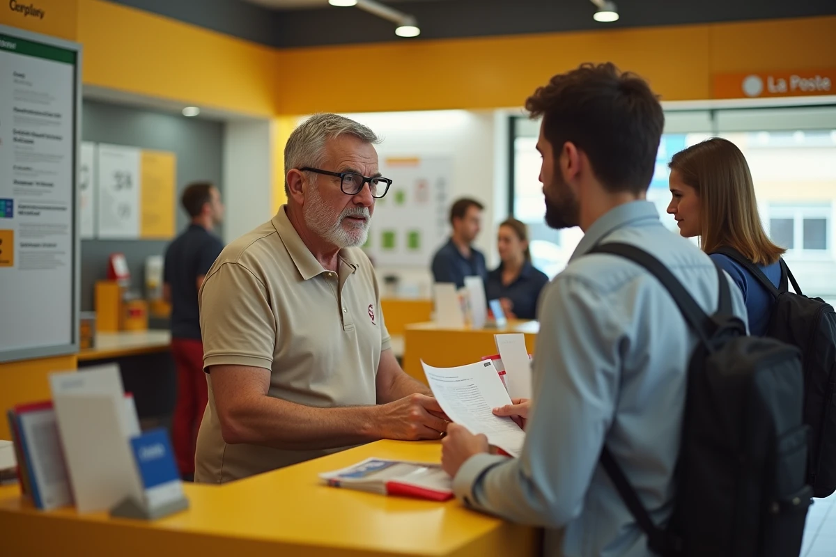Client aux revenus modestes se renseignant sur les tarifs La Banque Postale en bureau de poste