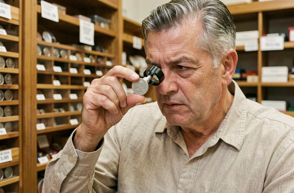 Collectionneur de monnaies examinant une pièce de 5 francs 1960 à la loupe dans une boutique de numismatique, évaluation de la valeur d'une ancienne pièce en argent
