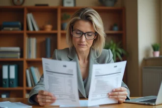 Femme comptable comparant une facture officielle et un ticket de caisse sur un bureau en bois dans un bureau à domicile, contexte LMNP