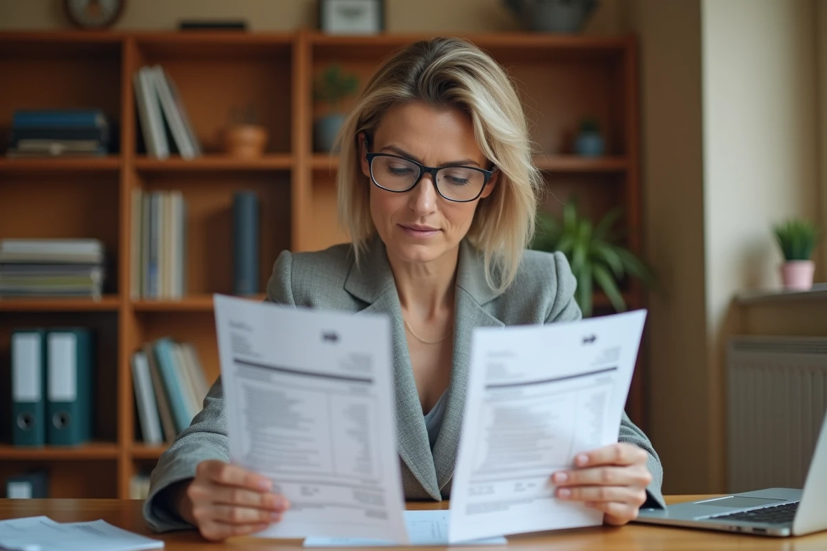 Femme comptable comparant une facture officielle et un ticket de caisse sur un bureau en bois dans un bureau à domicile, contexte LMNP