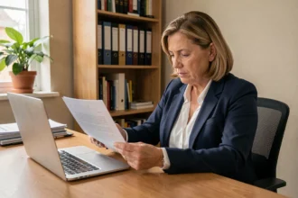 Femme comparant des offres de mutuelle santé sur ordinateur portable à son bureau à domicile