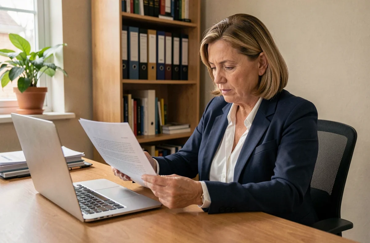 Femme comparant des offres de mutuelle santé sur ordinateur portable à son bureau à domicile