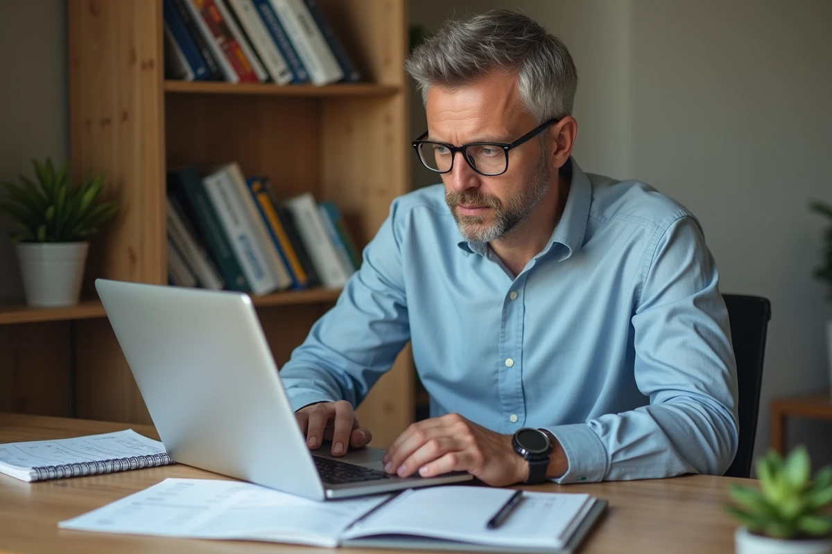Comptable à domicile calculant le salaire net au Luxembourg sur ordinateur portable avec documents fiscaux
