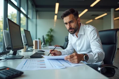 Comptable analysant un tableau d'amortissement annuel avec des calculs de prorata temporis sur son bureau professionnel