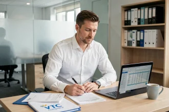Comptable spécialisé VTC analysant des documents fiscaux et comptables pour une société de transport avec chauffeur