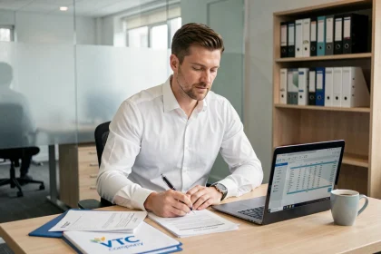 Comptable spécialisé VTC analysant des documents fiscaux et comptables pour une société de transport avec chauffeur