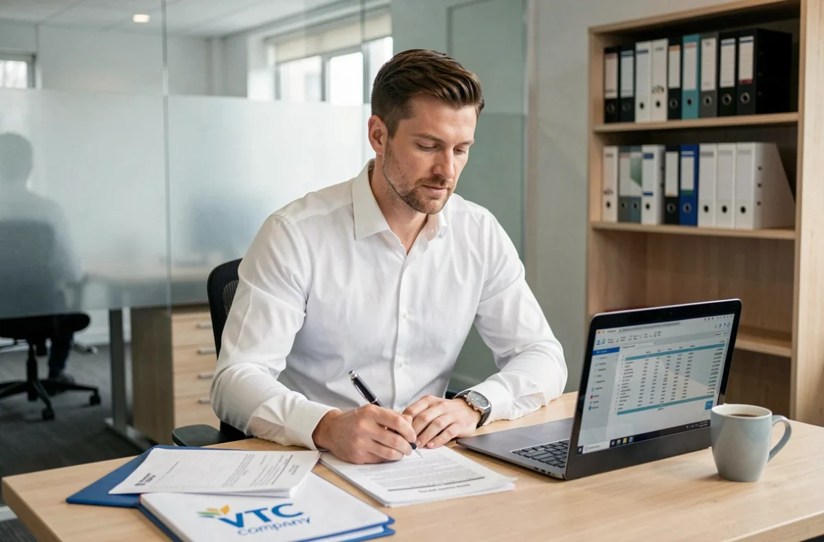 Comptable spécialisé VTC analysant des documents fiscaux et comptables pour une société de transport avec chauffeur